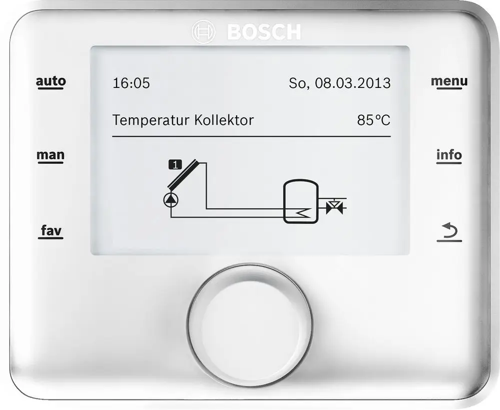 Digitales Steuergerät von Bosch mit Display zur Anzeige der Kollektortemperatur, Bedienelementen und grafischer Darstellung eines Rohrsystems.